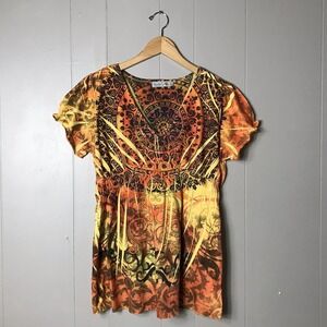 UNITY WORLD WEAR YELLOW ORANGE SUBLIMATION BOHO BEADED TOP WOMENS SIZE LARGE
